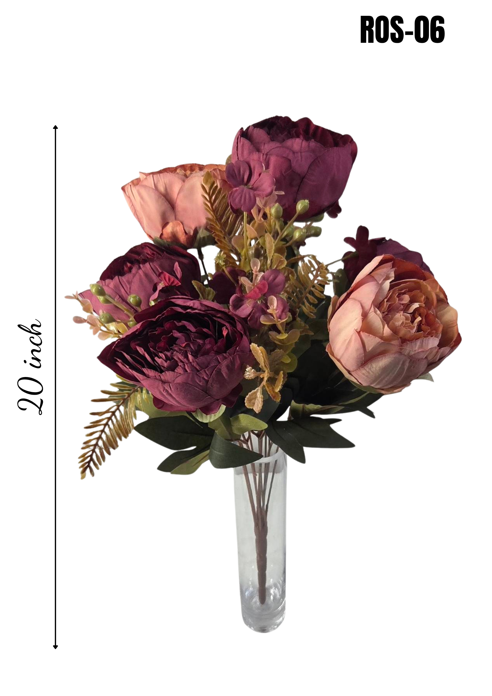 Faux Peony Rose Bouquet ROS-06 in glass vase - burgundy and terracotta peony arrangement, 20 inch height
