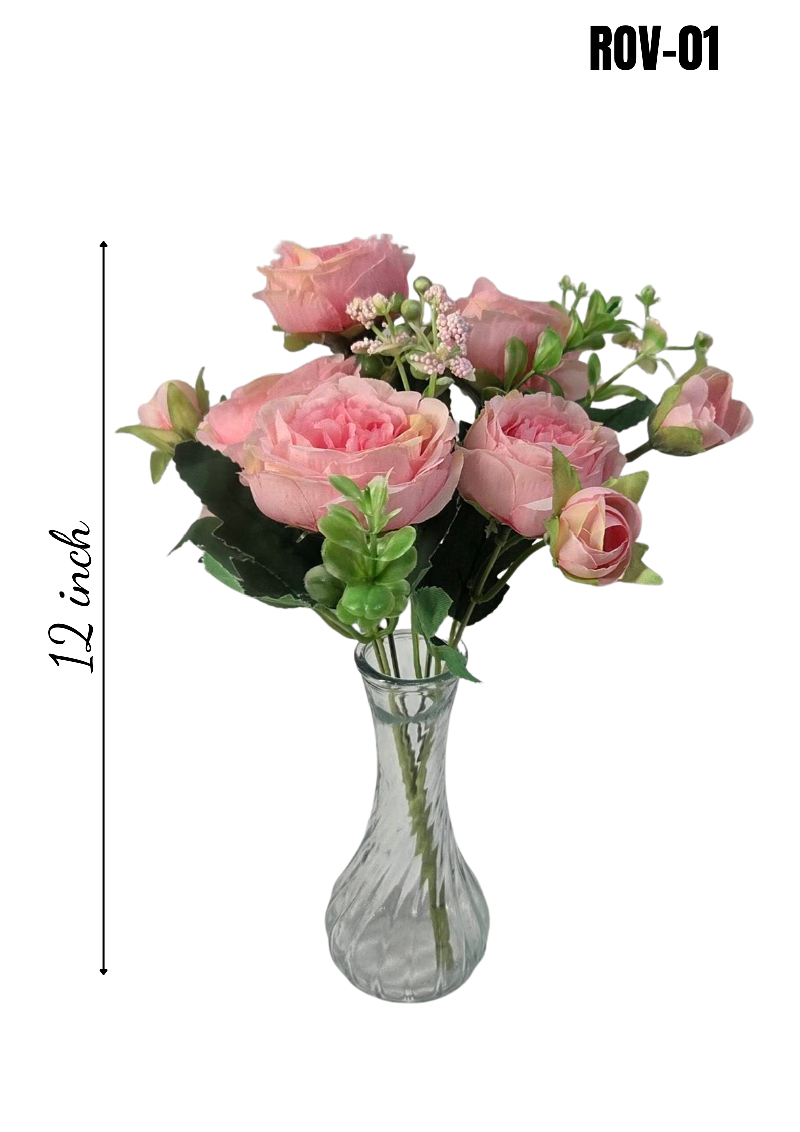 Faux Peony Rose Bouquet ROV-01 top view - blush pink peony blooms with white berry clusters and green foliage
