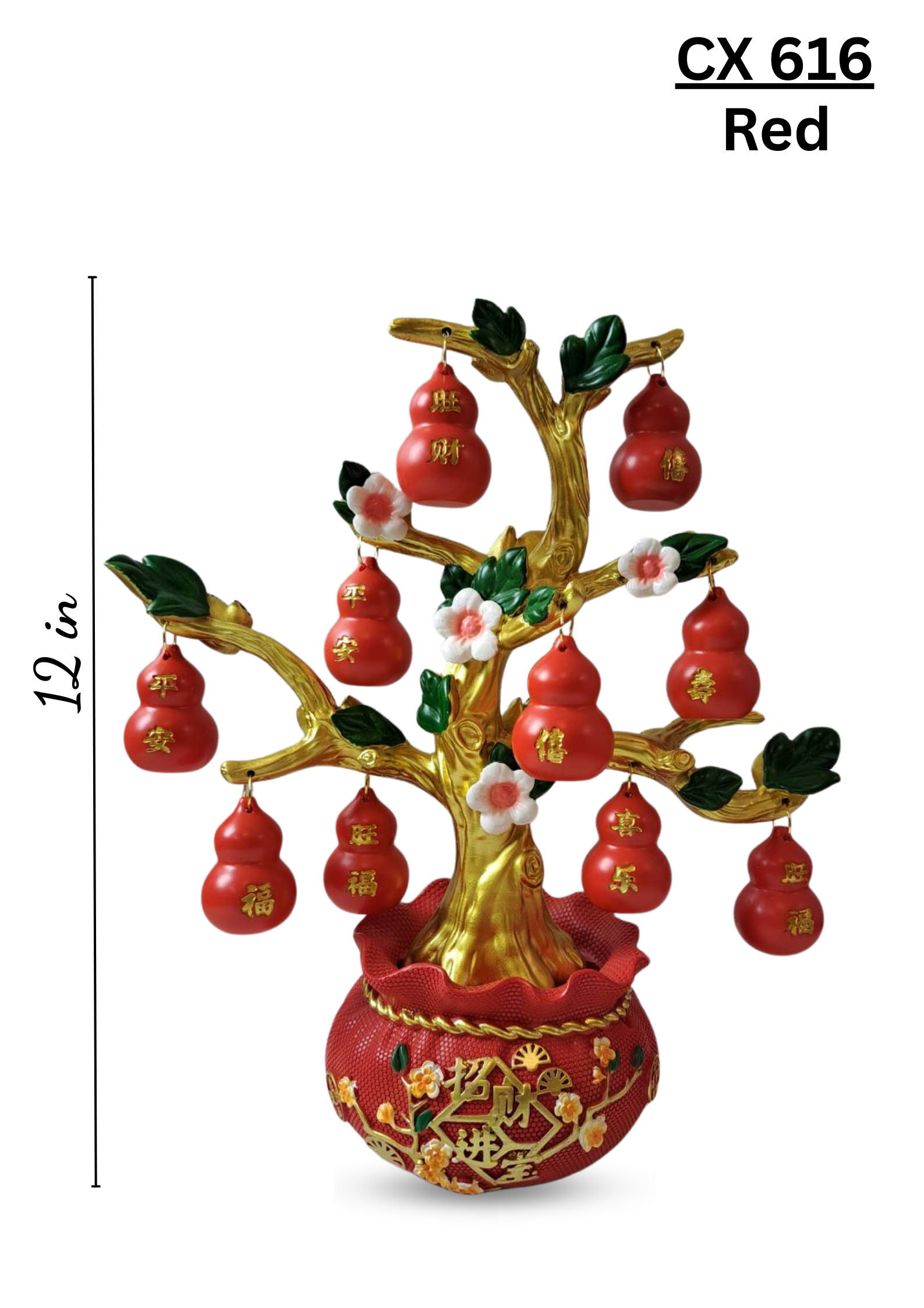 Feng Shui Lucky Gourd Tree CX616 Red – 12 inch tabletop decor with gold tree and red gourd ornaments