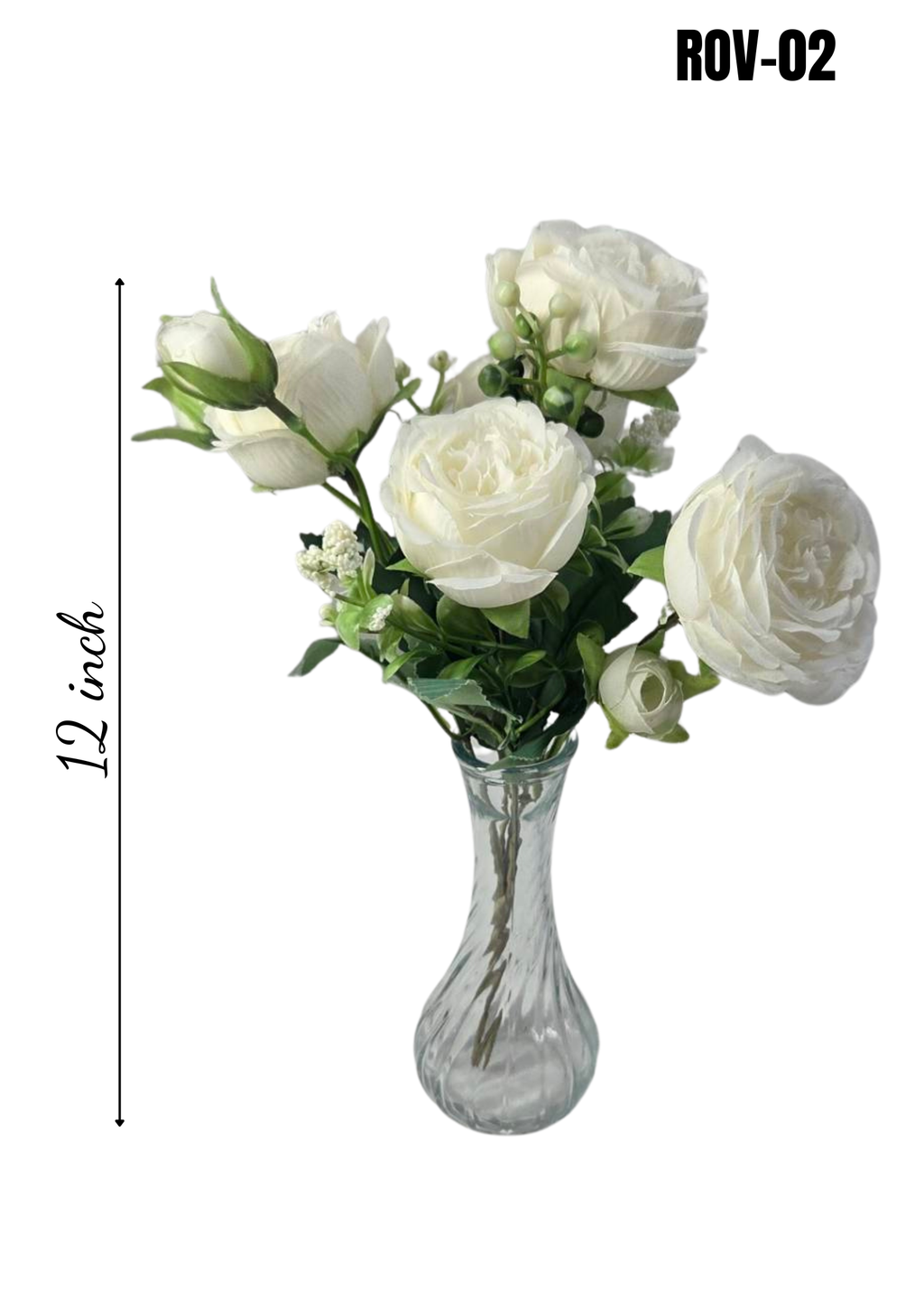 Faux Peony Rose Bouquet ROV-02 top view - white and ivory peony blooms with green berry clusters and foliage