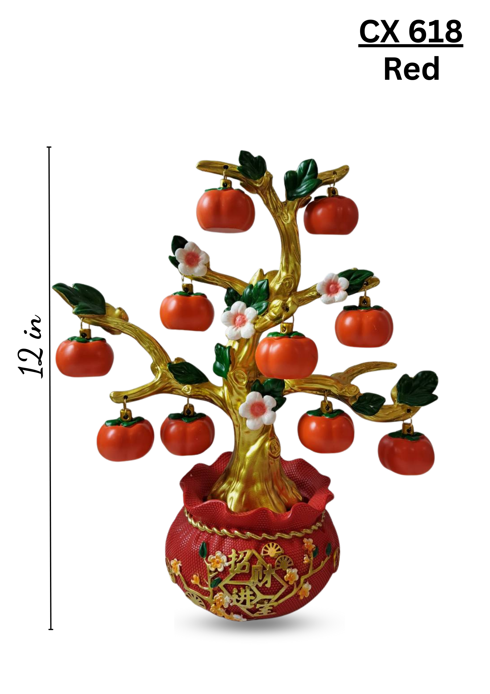 12 inch Decorative Red Persimmon Tabletop Tree CX618 – Gold tree with red persimmon ornaments and red decorative pot