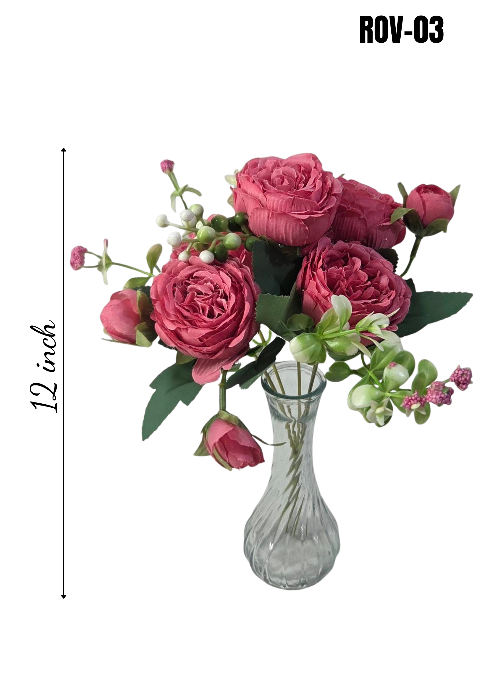 Faux Peony Rose Bouquet ROV-03 top view - deep mauve and dusty rose peony blooms with pink berry clusters and green foliage