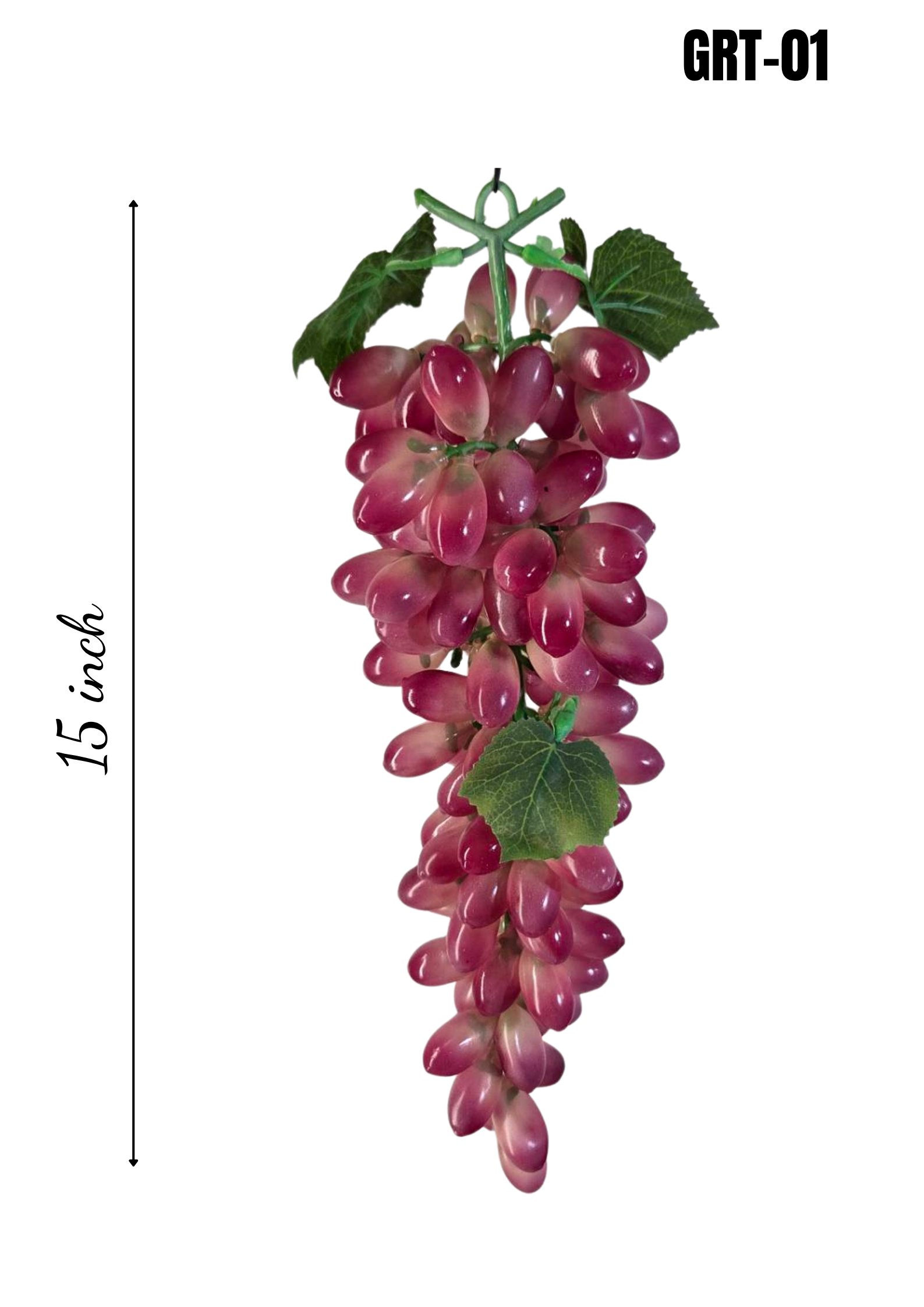 Faux Red Grape Cluster GRT-01 - 15 inch hanging artificial red grape bunch with green leaves and tendrils, white background