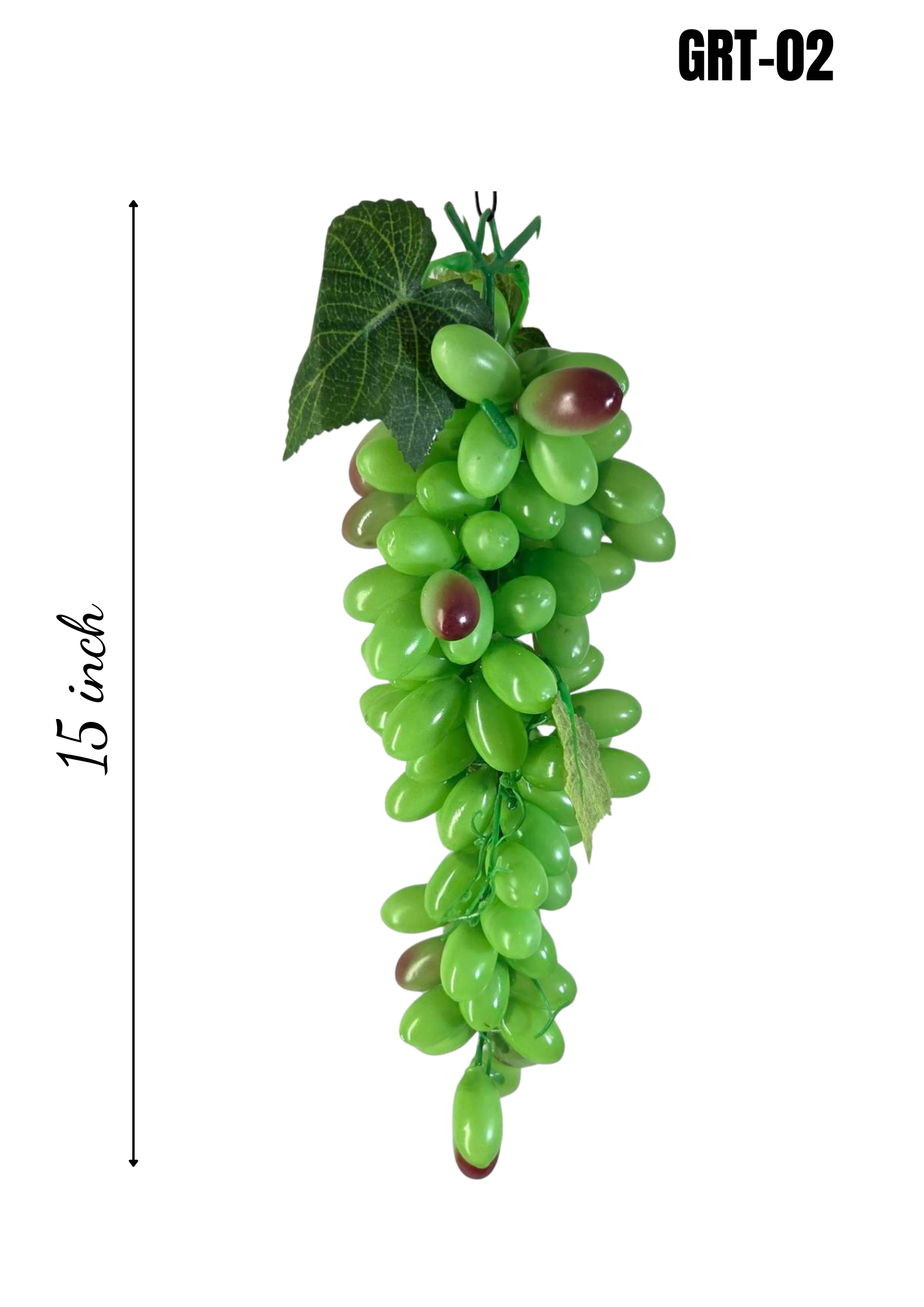 Faux Green Grape Cluster GRT-02 - 15 inch hanging artificial green grape bunch with green vine leaves, white background