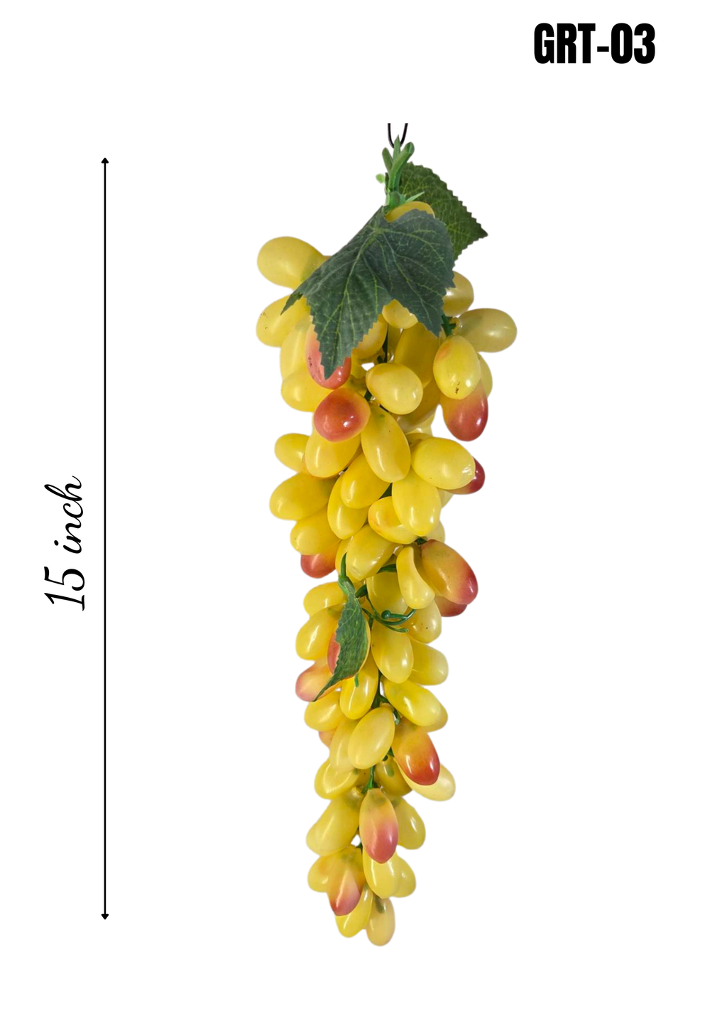 Faux Yellow Grape Cluster GRT-03 - 15 inch hanging artificial yellow grape bunch with green vine leaves, white background