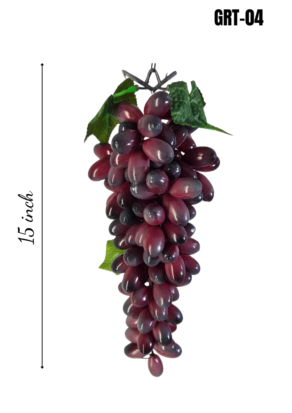 Faux Dark Purple Grape Cluster GRT-04 - 15 inch hanging artificial dark purple grape bunch with green vine leaves, white background
