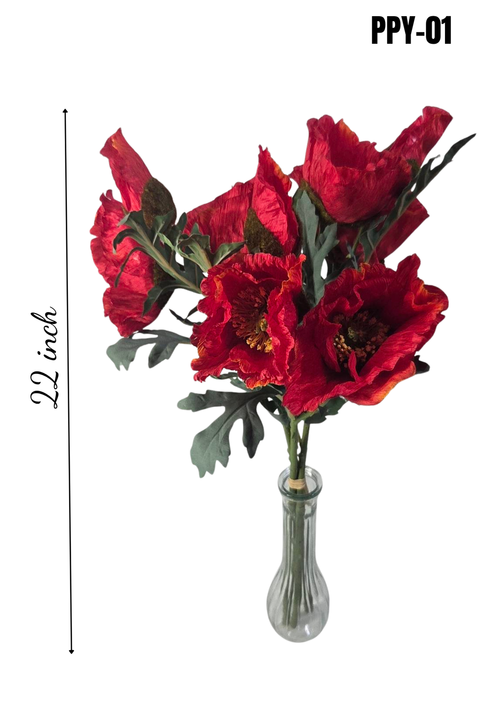 Faux red poppy bouquet PPY-01 - 22 inch height infographic with measurement on white background
