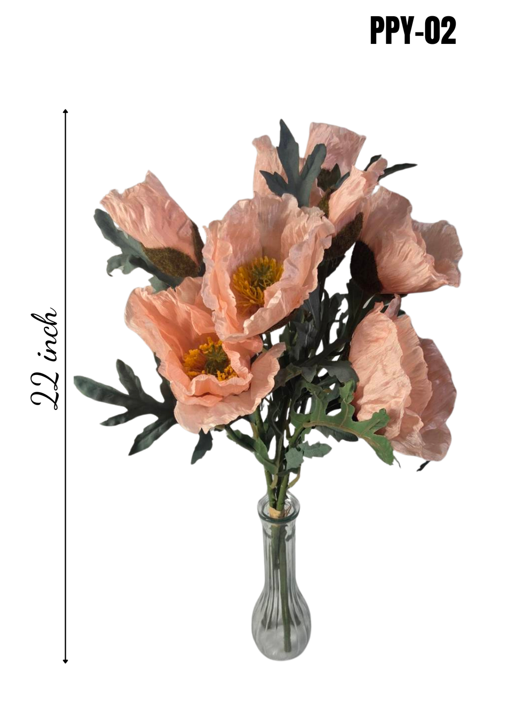Faux peach poppy bouquet PPY-02 - 22 inch height infographic in glass vase on white background