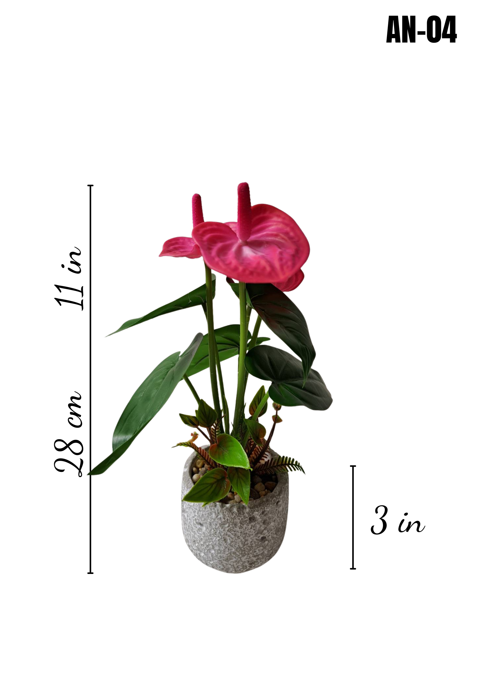 AN-04 faux pink anthurium plant 11in height 3in terrazzo stone pot dimensions