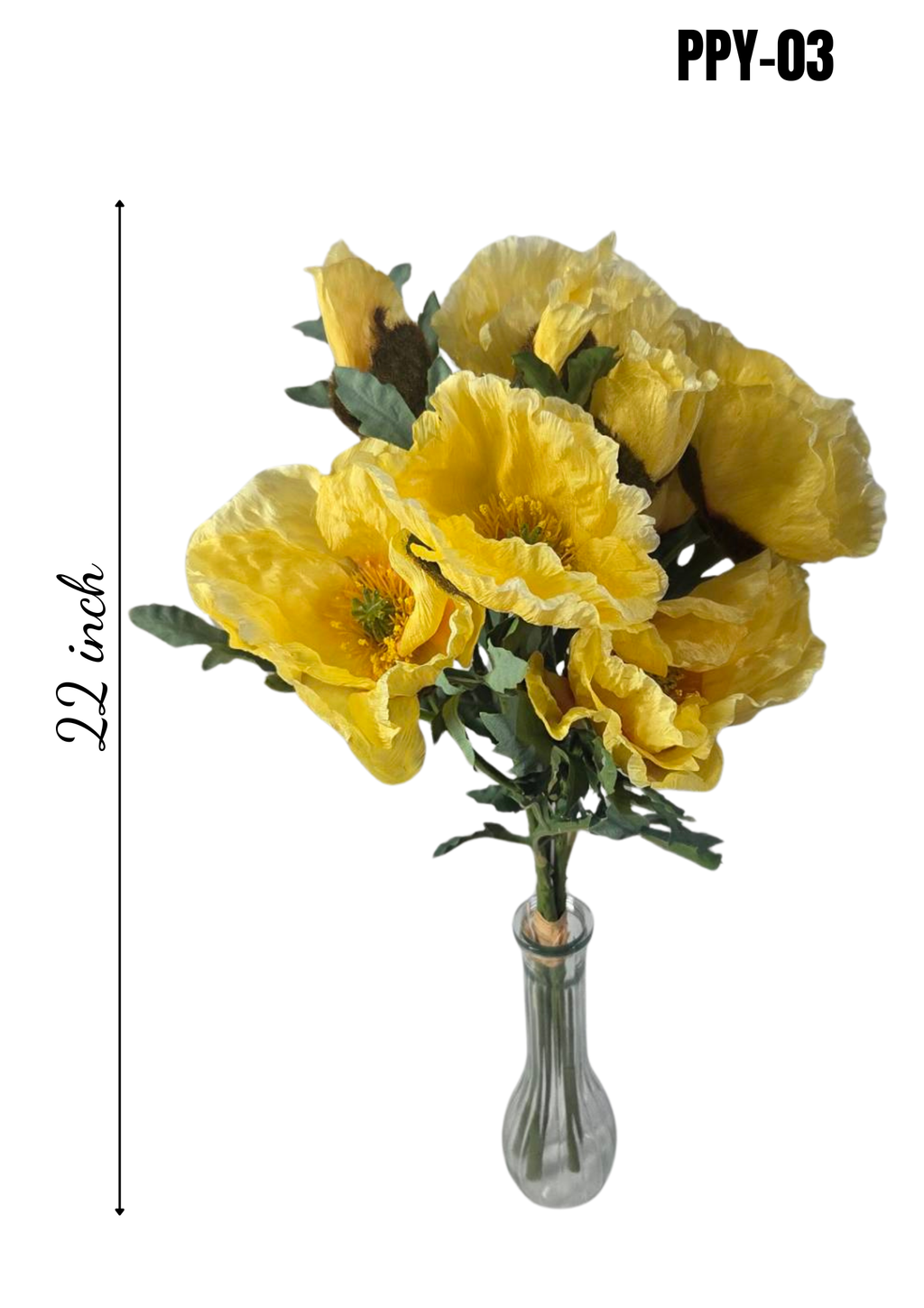 Faux yellow poppy bouquet PPY-03 - 22 inch height infographic in glass vase on white background