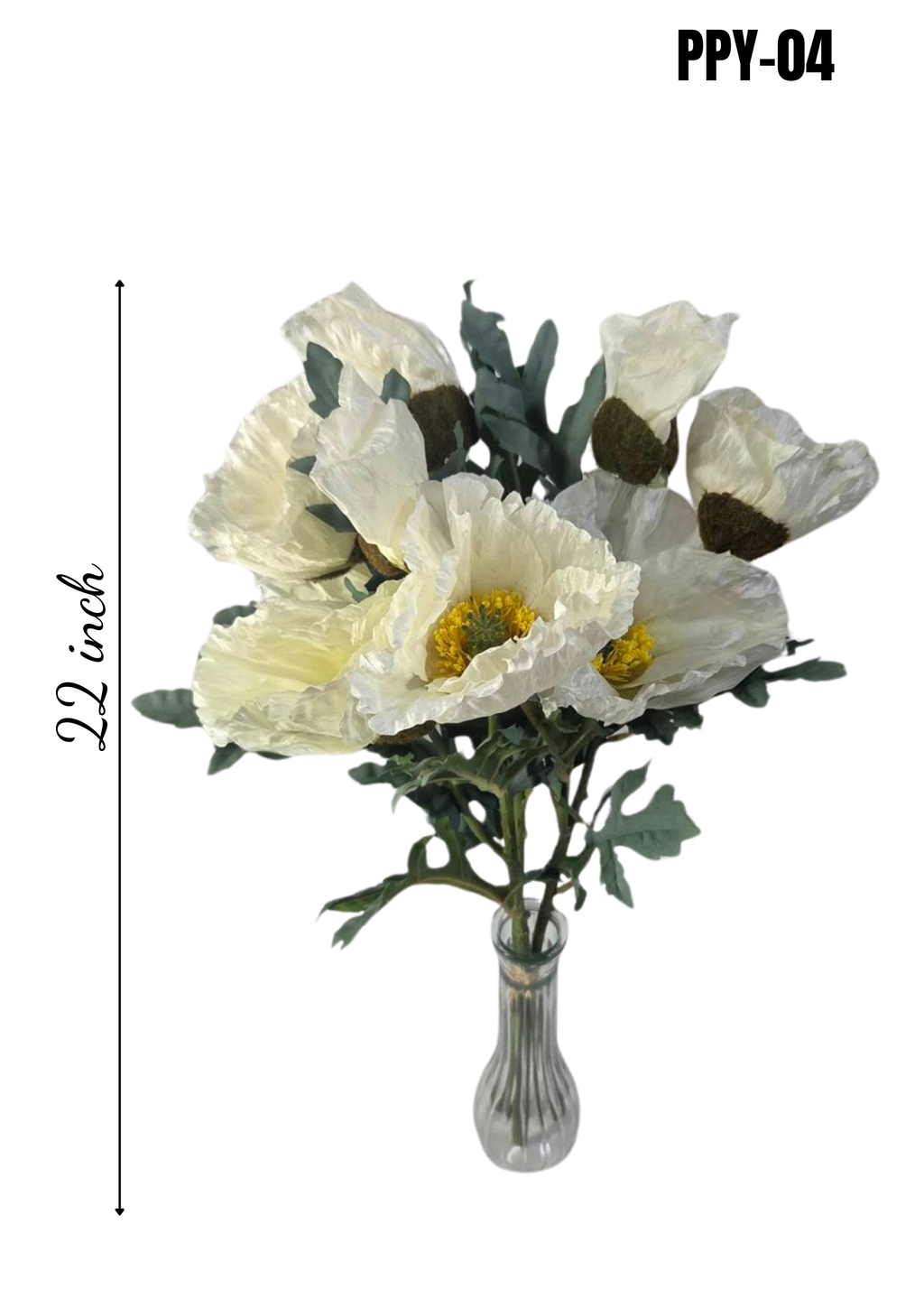 Faux white poppy bouquet PPY-04 - 22 inch height infographic in glass vase on white background