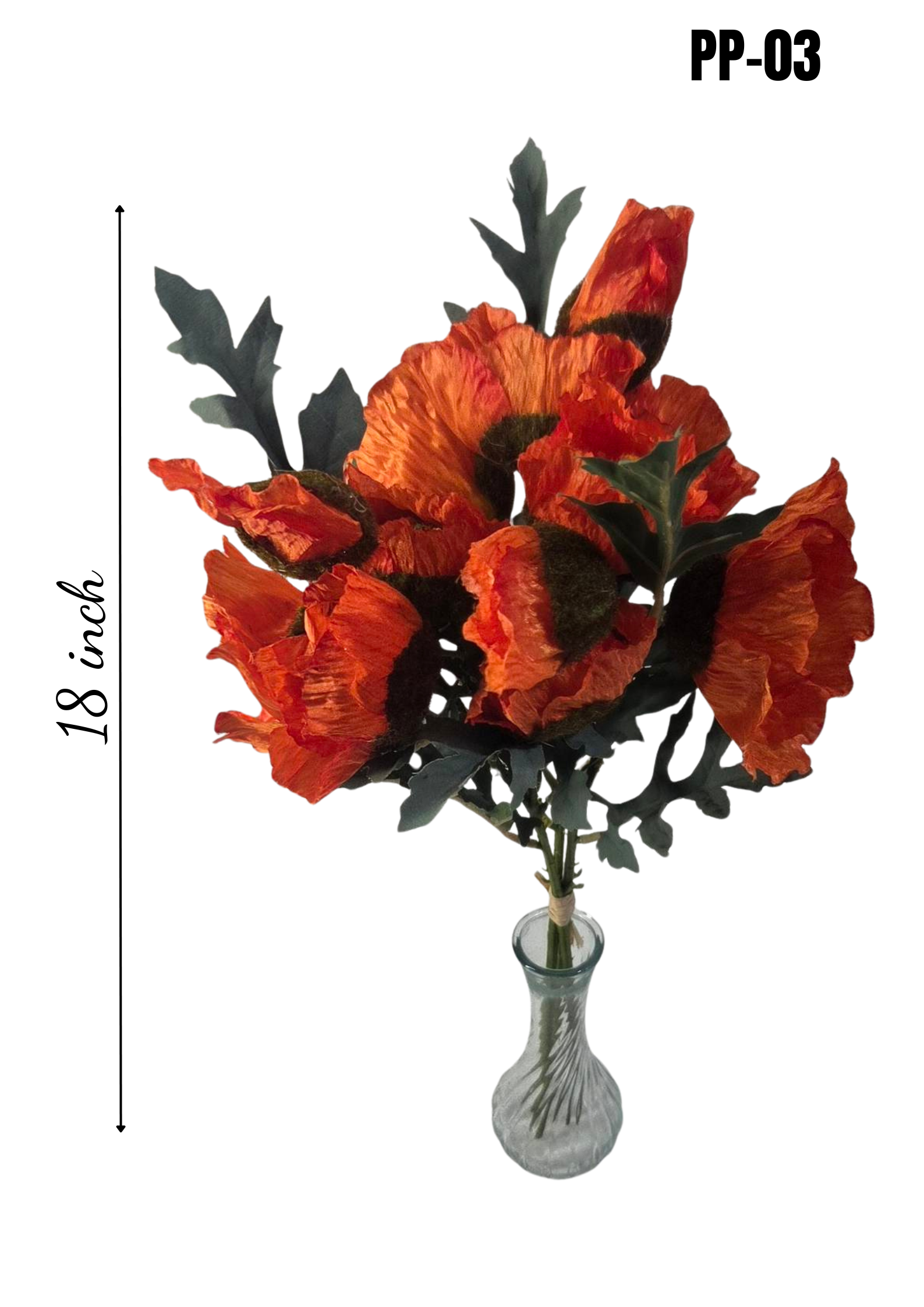 Faux Orange Poppy Bouquet PP-03 - full stems laid flat showing orange poppy flowers and foliage
