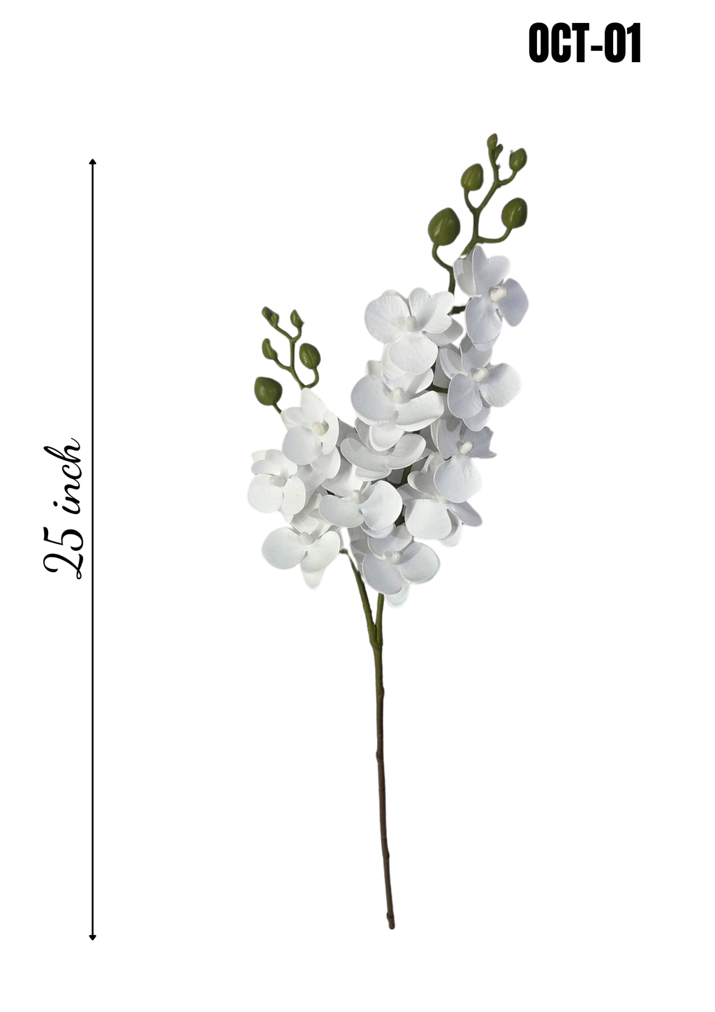Faux White Phalaenopsis Orchid Stem OCT-01 - full stem with white blooms and green buds, 25 inch height shown