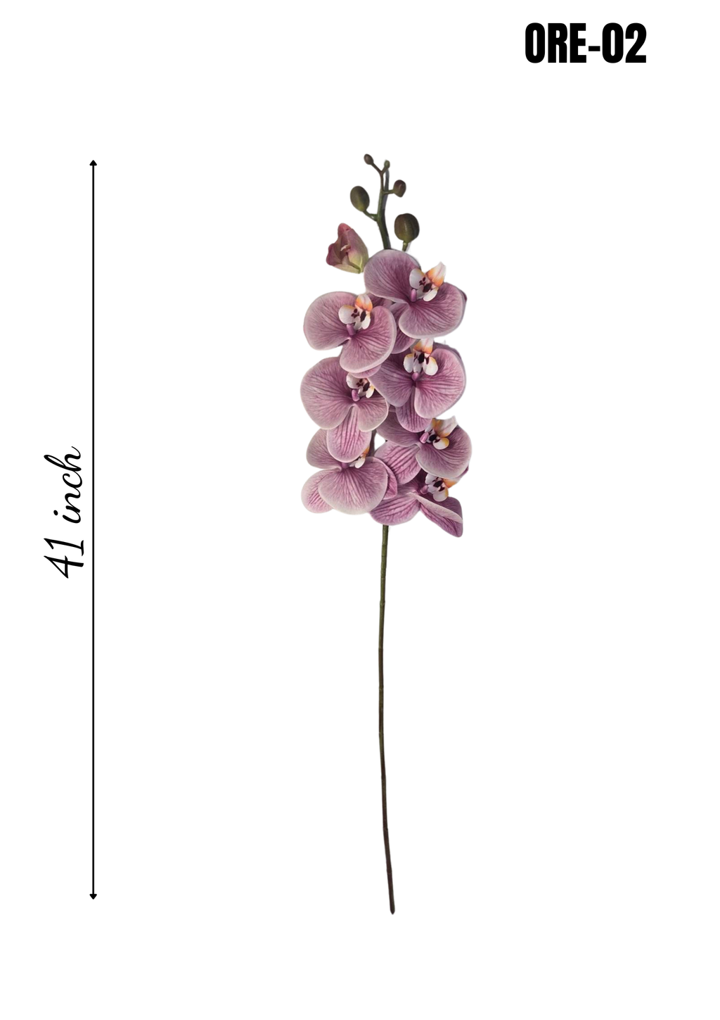 Faux Mauve Phalaenopsis Orchid Stem ORE-02 - full stem showing mauve blooms and olive green buds