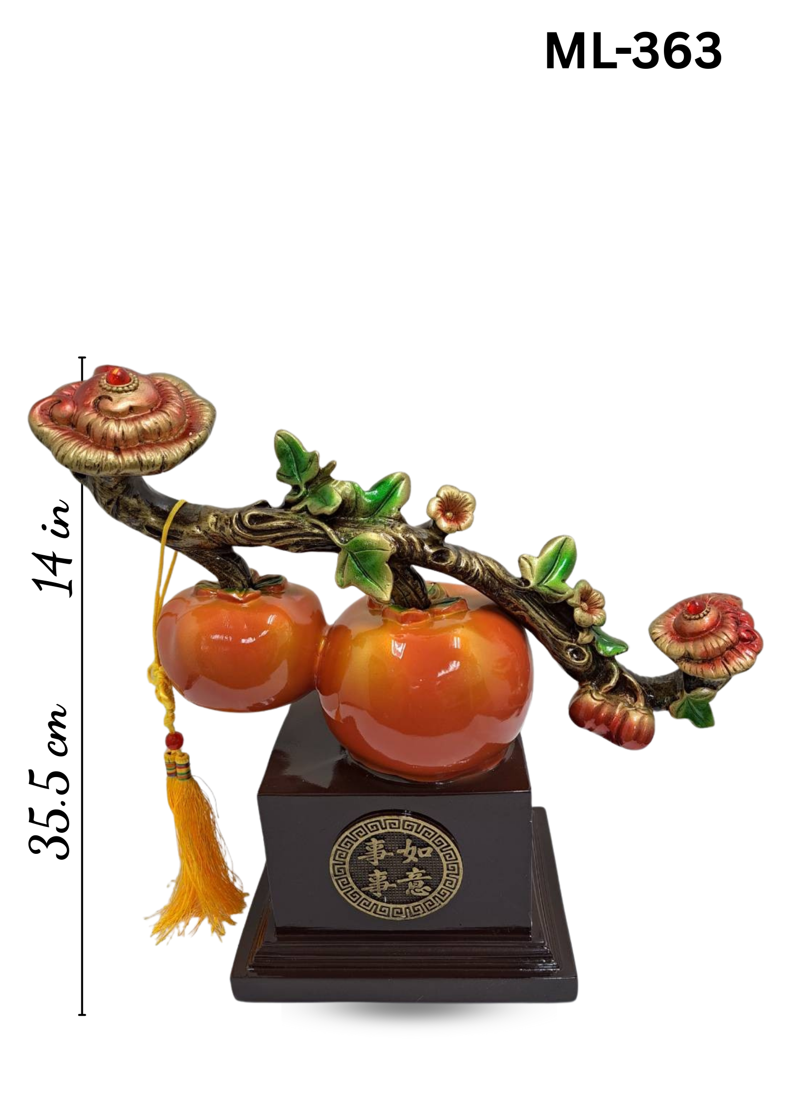 Decorative Persimmon Branch and Lingzhi Mushroom Figurine ML-363 – full view with two orange persimmons, red lingzhi mushrooms, and dark mahogany base