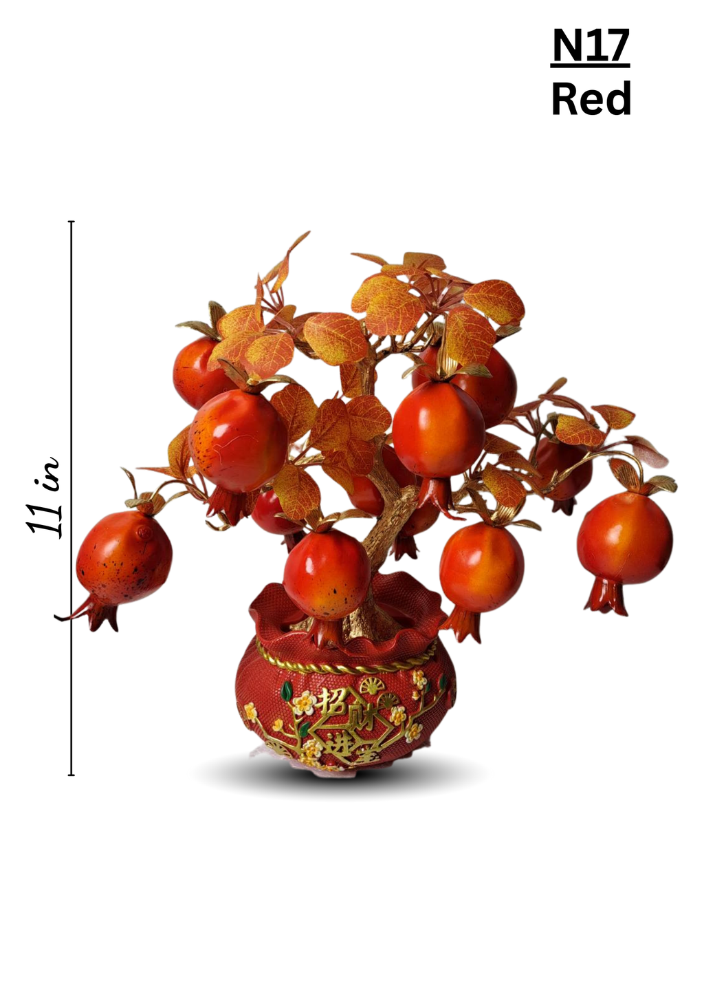 Close-up of red fortune pot with gold 招财进宝 inscription on Artificial Pomegranate Tree N17