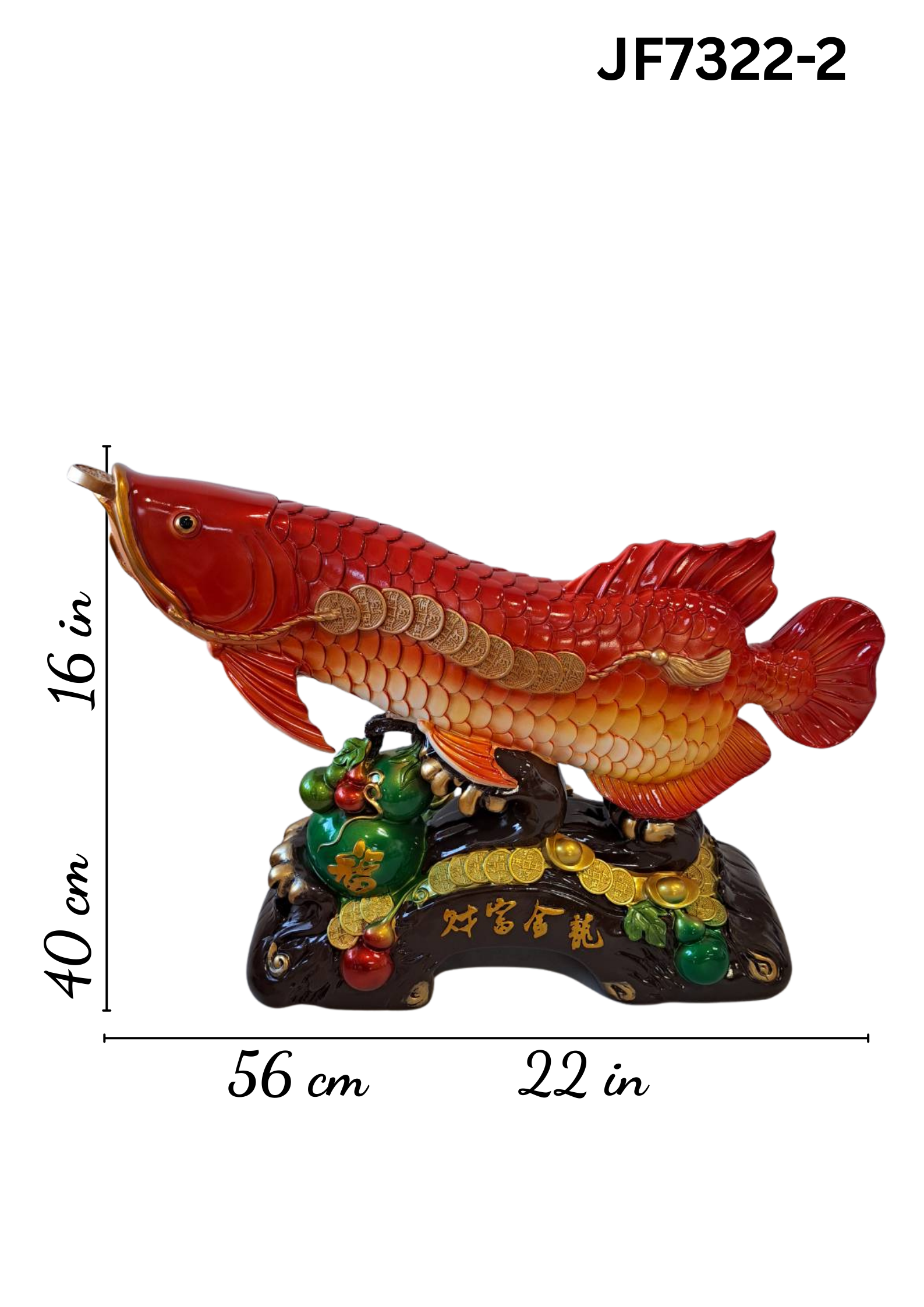 22 inch Large Red Arowana Fish Statue JF7322-2 – full view on office desk with gold coin and jade gourd base