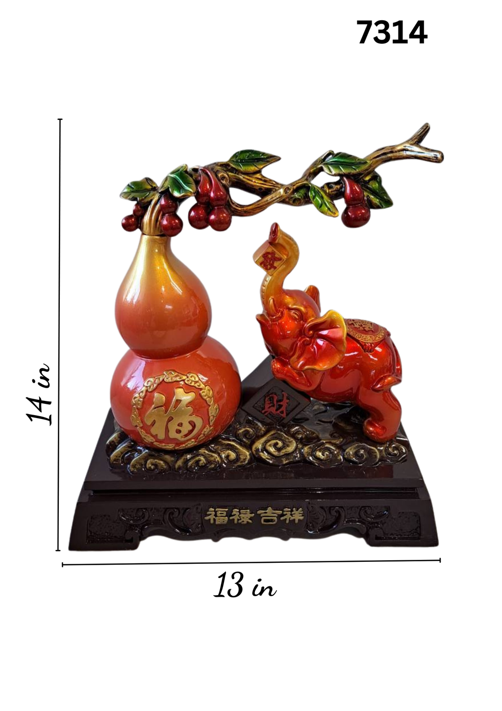 14 inch Decorative Red Gourd and Elephant Figurine 7314 – full view with cherry branch canopy and dark wood base