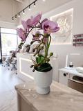 Faux Phalaenopsis Orchid Arrangement in White Ribbed Pot