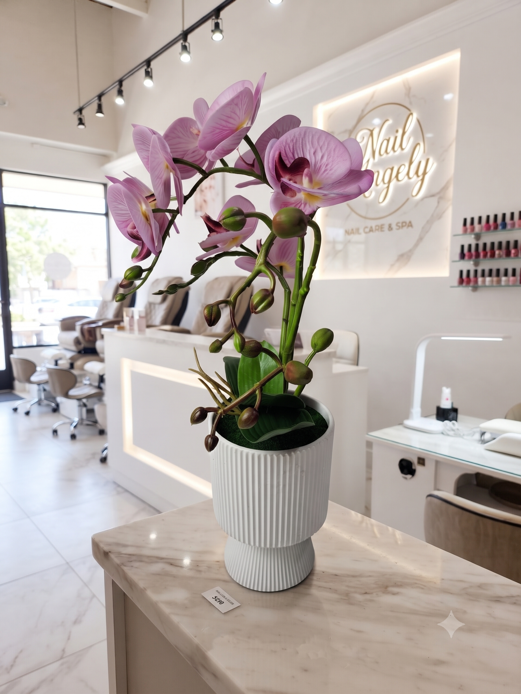 Faux Phalaenopsis Orchid Arrangement in White Ribbed Pot
