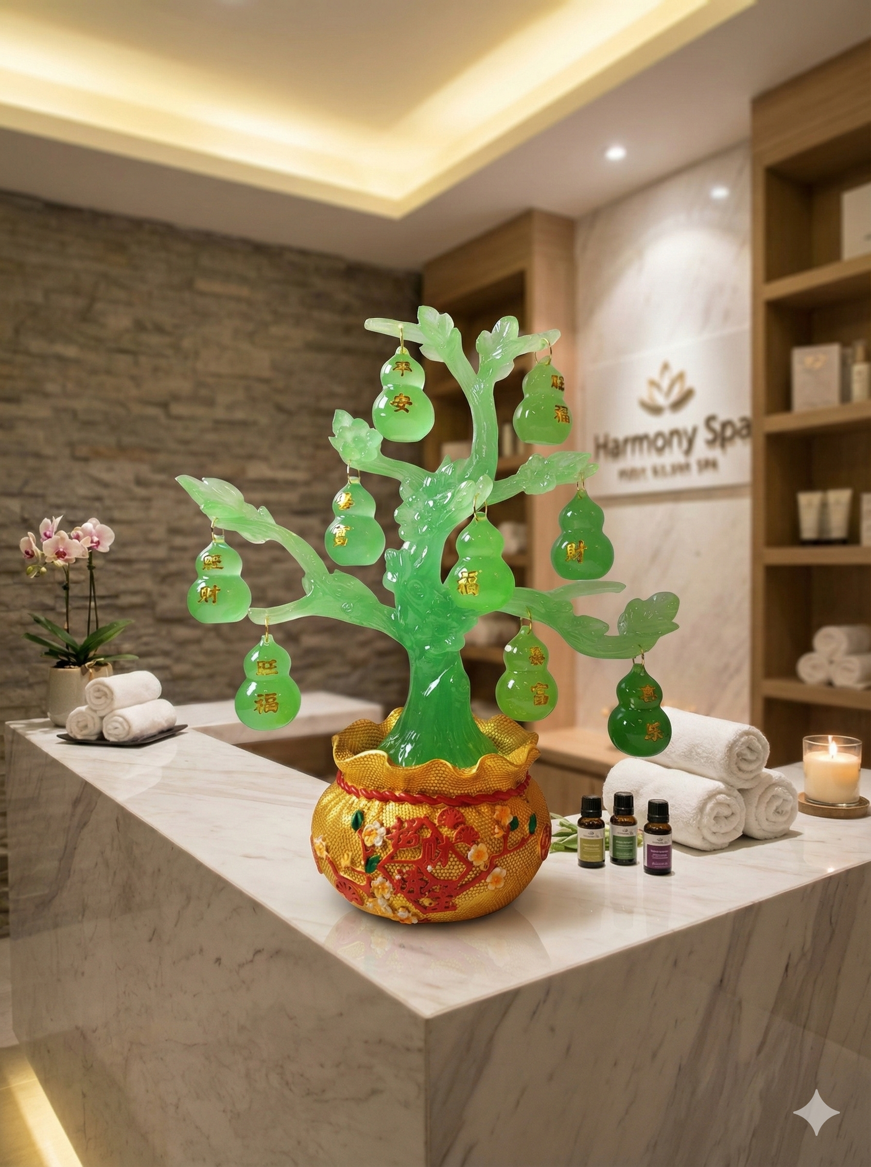 12" Decorative Jade Green Gourd Tabletop Tree CX622 – Translucent Green Centerpiece