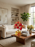 Artificial Red Apple Tree N20 displayed as centerpiece on coffee table in modern living room