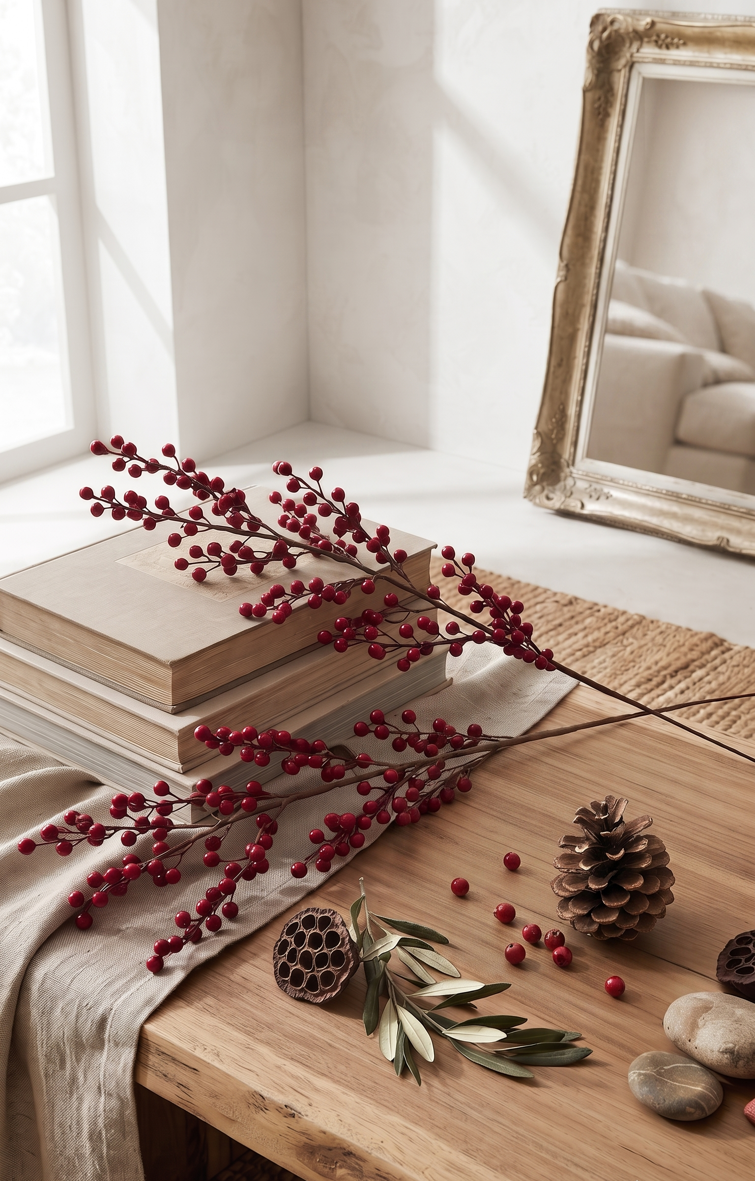 Faux Red Winterberry Stem - 34" Christmas Berry Branch - close-up bloom and detail