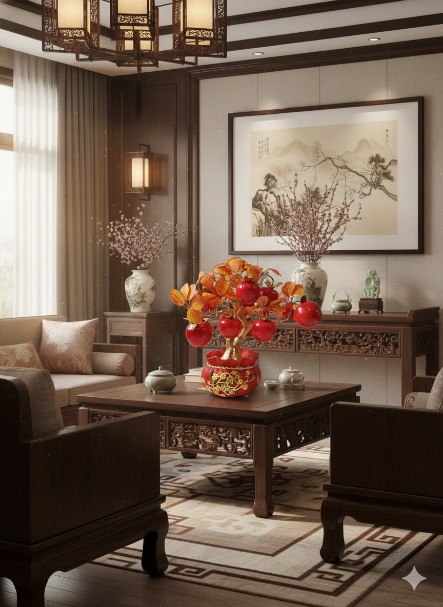 Artificial Red Apple Tree N19 as centerpiece on dark wood console table in luxury home interior