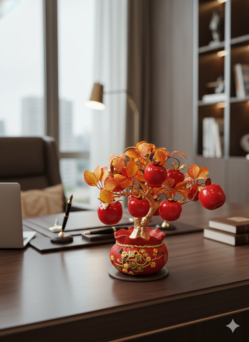 Artificial Red Apple Tree N19 displayed on wooden coffee table in elegant Asian-inspired living room