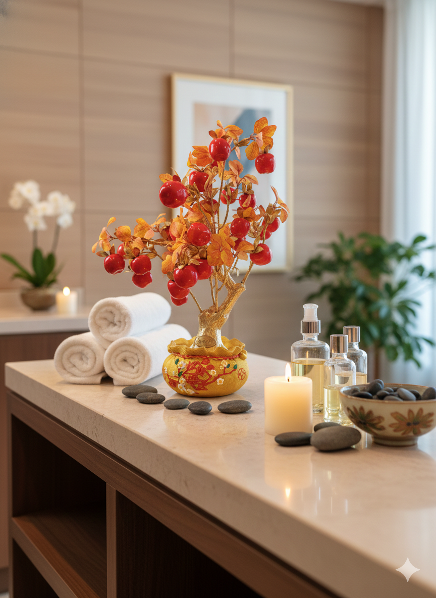 Artificial Red Apple Tree N28 Golden displayed on spa reception counter with candles and white orchids in luxury interior