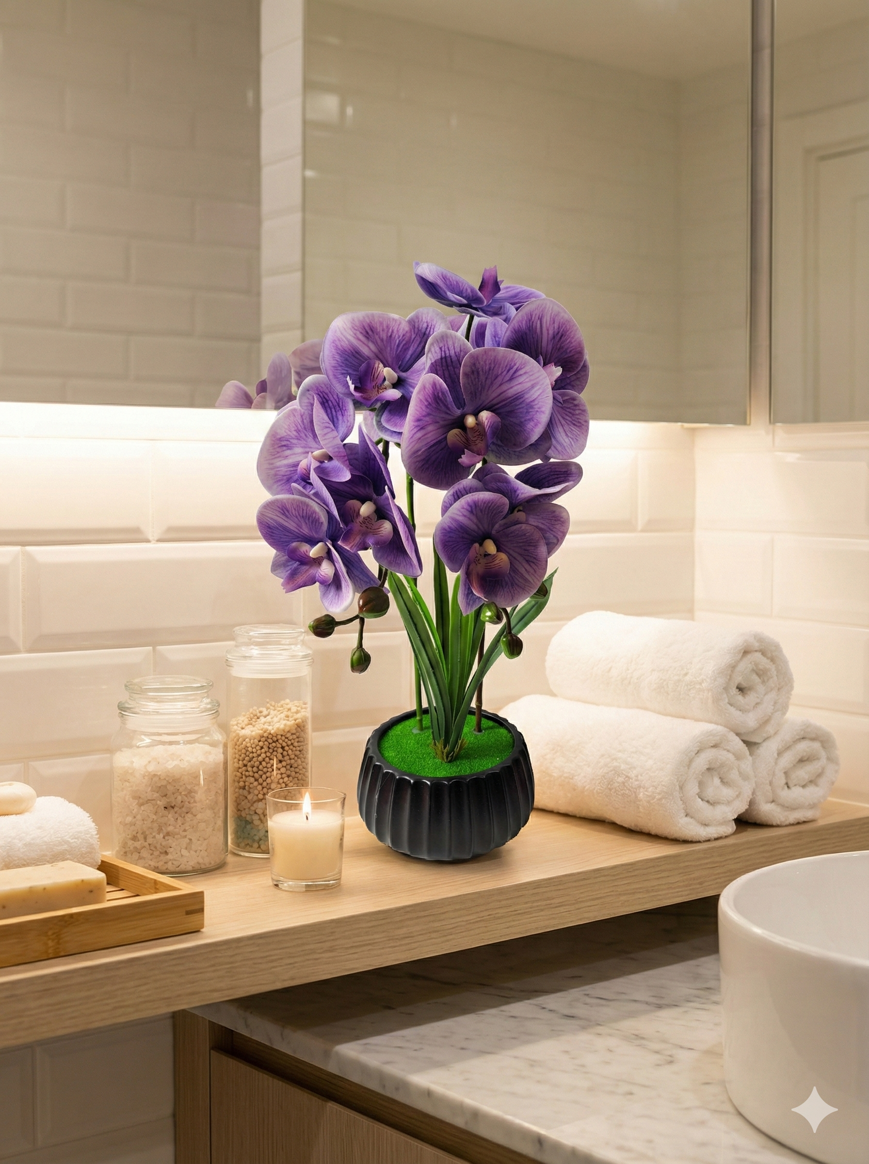 Faux Deep Purple Phalaenopsis Orchid Arrangement FT-253-D - lifestyle home decor display