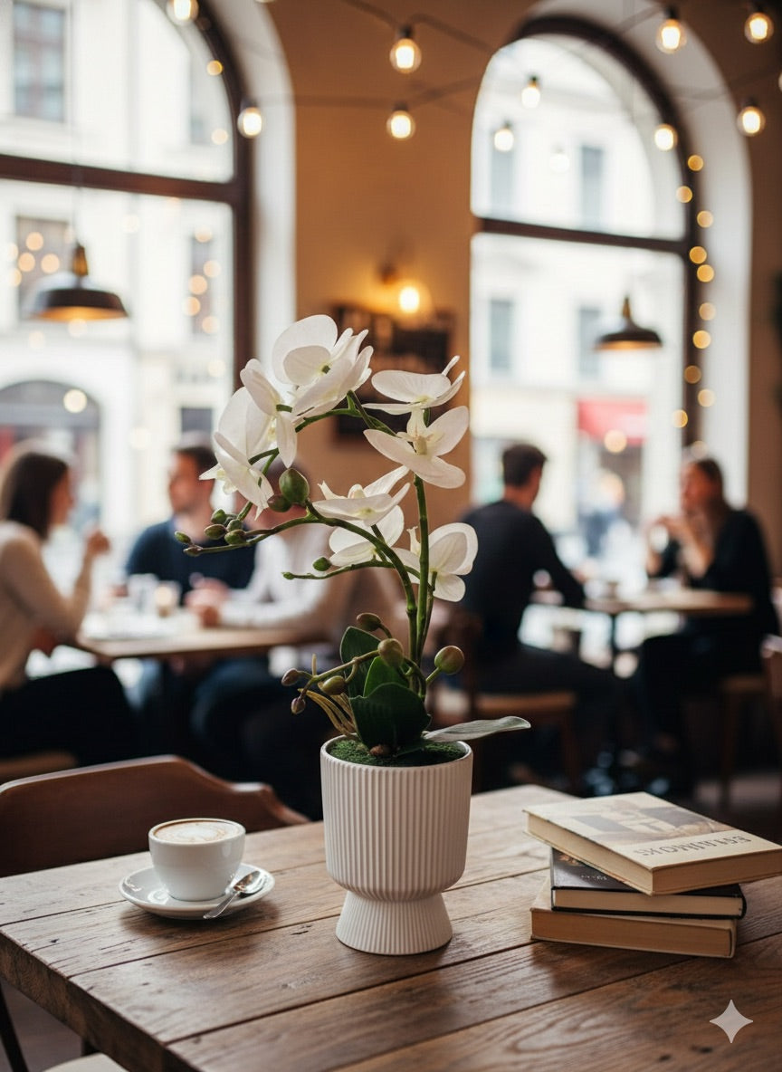 FT252E faux white orchid lifestyle in cafe setting