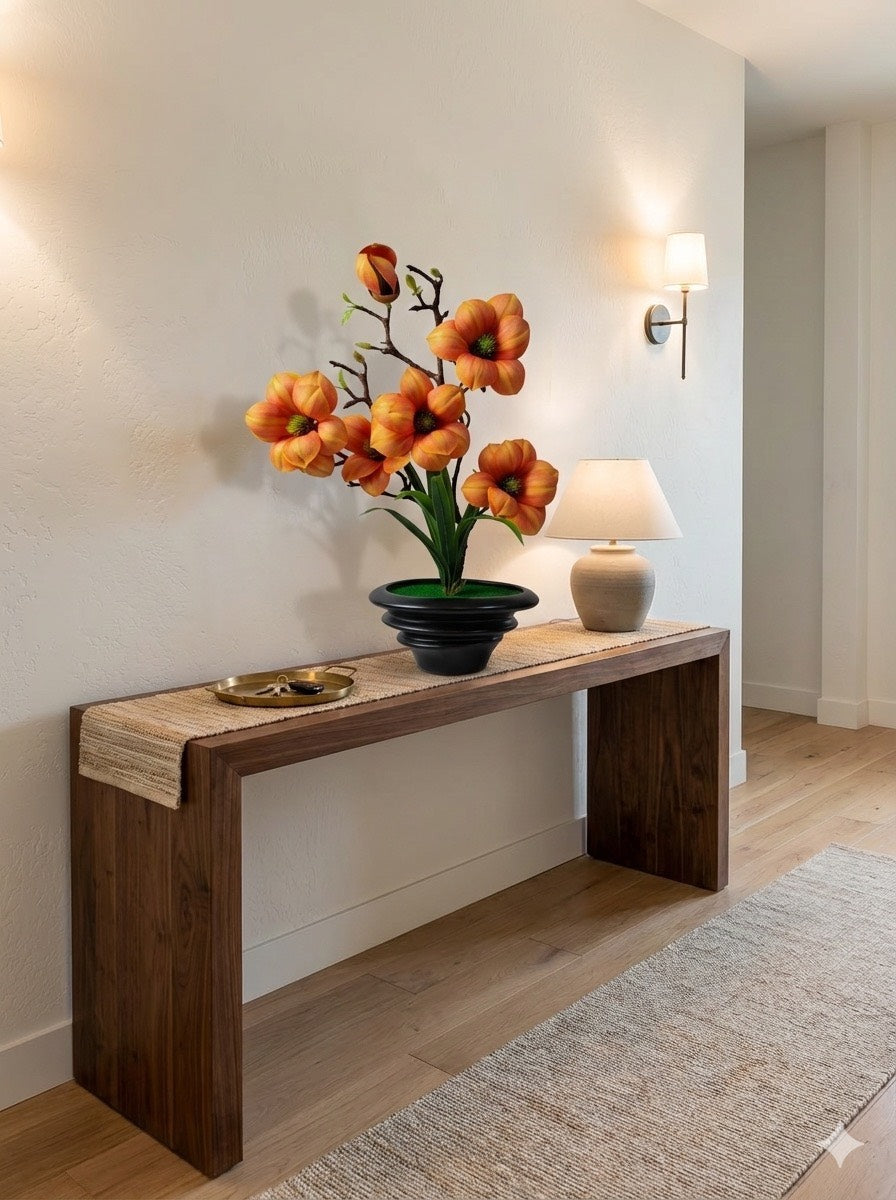 FT-257-A faux orange magnolia arrangement displayed on entryway console table