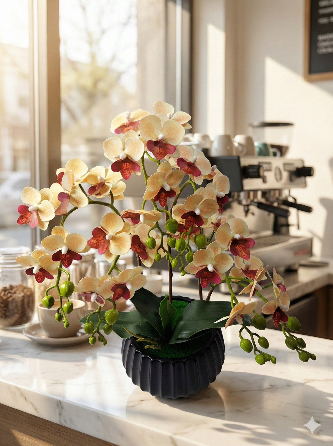 FT254D faux cream burgundy orchid lifestyle in cafe setting