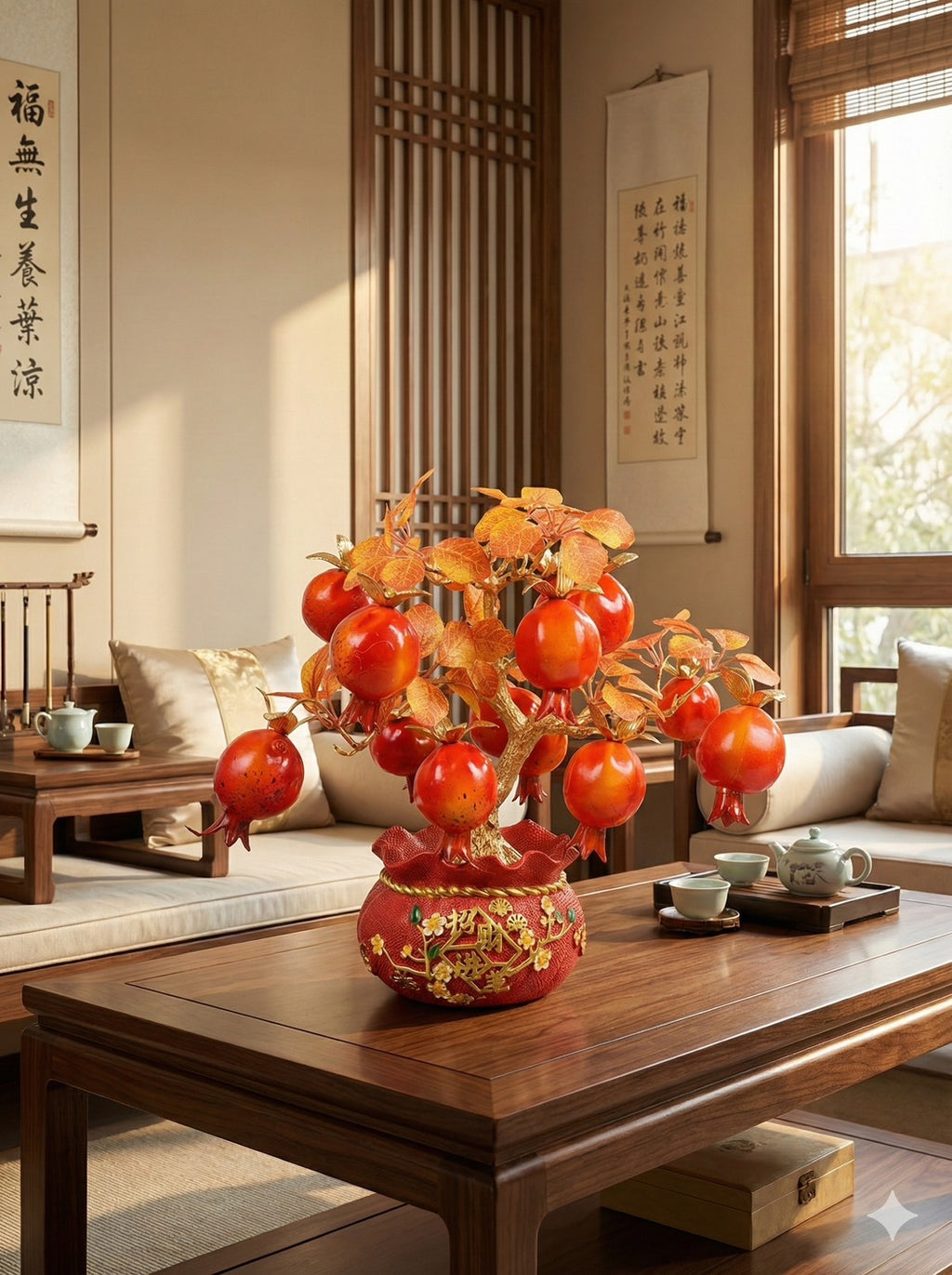 Artificial Red Pomegranate Tree N17 – 11 inch tabletop fruit tree in decorative red fortune pot