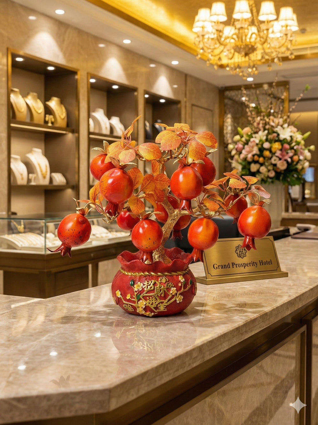 Artificial Red Pomegranate Tree N17 displayed on wooden coffee table in Asian-inspired living room