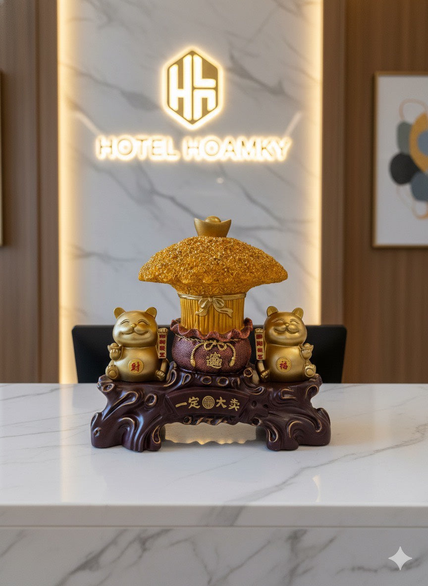 Golden Lucky Cat & Wealth Tree Figurine Set JF7302 - displayed on hotel reception desk