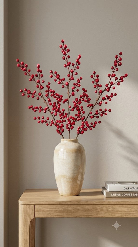 Faux Red Winterberry Stem – Lifelike Holiday Berry Branch