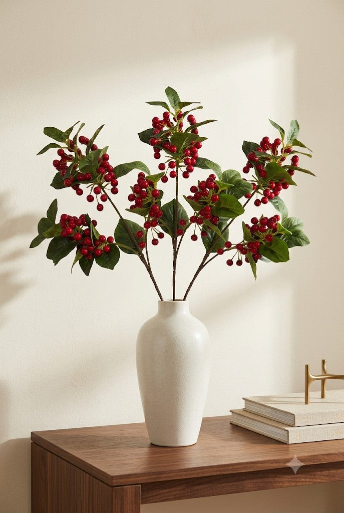 Faux Red Berry Cluster Branch – Lifelike Stem