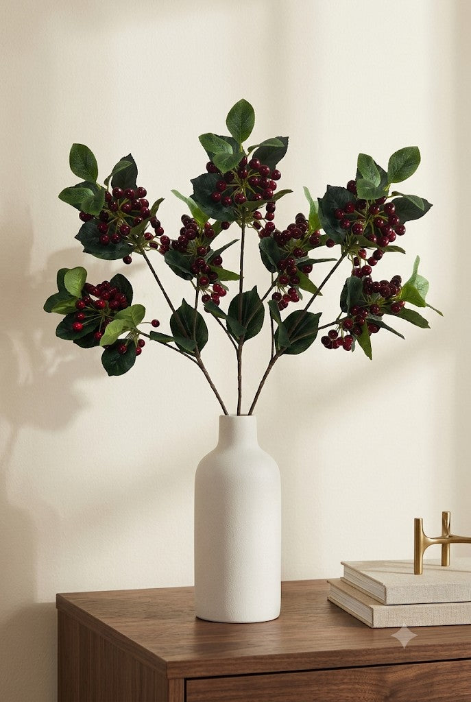 Faux Red Berry Cluster Branch – Lifelike Stem