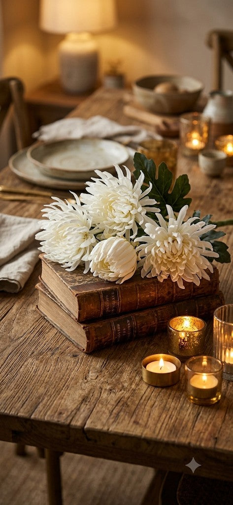 White Spider Chrysanthemum Bundle styled on rustic dining table