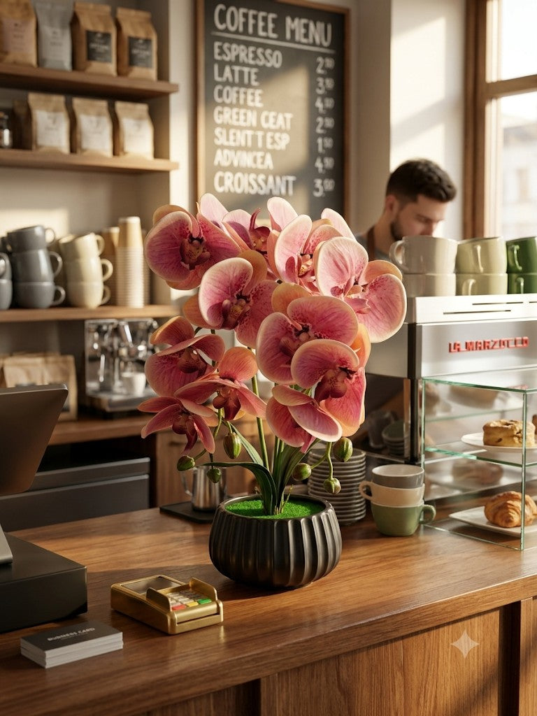 FT-253-C faux pink orchid arrangement displayed at coffee shop counter