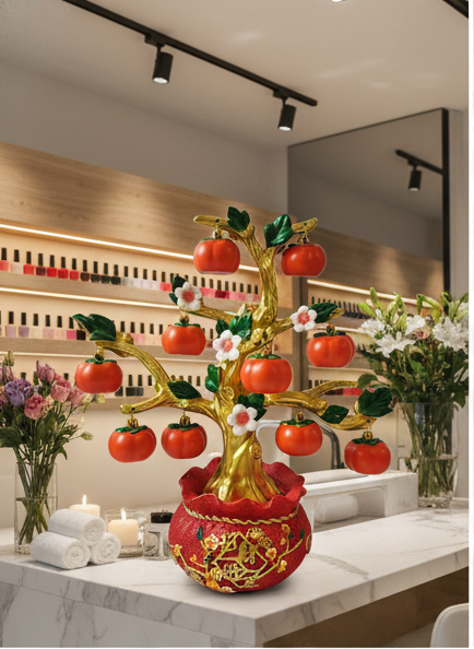 CX618 Decorative Red Persimmon Tabletop Tree styled on white kitchen countertop