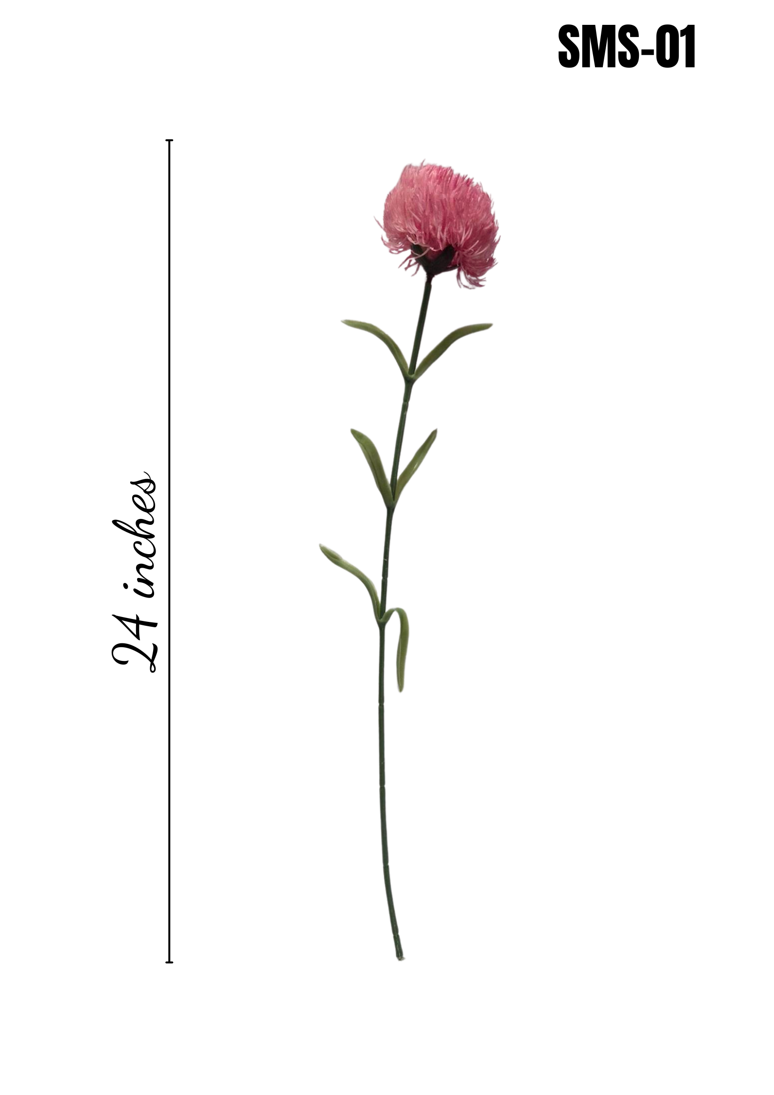 Four faux pink thistle pincushion stems with green leaves on marble background